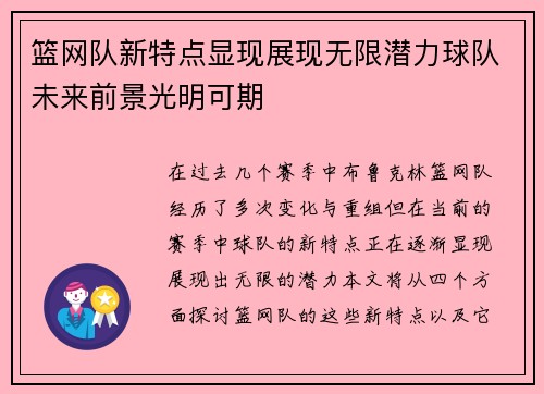 篮网队新特点显现展现无限潜力球队未来前景光明可期