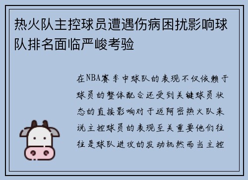 热火队主控球员遭遇伤病困扰影响球队排名面临严峻考验