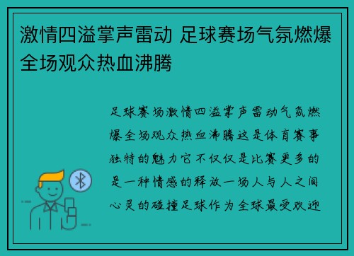 激情四溢掌声雷动 足球赛场气氛燃爆全场观众热血沸腾