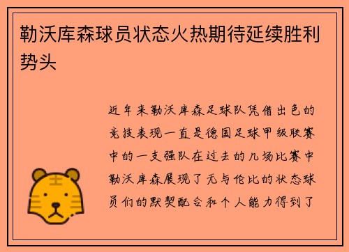 勒沃库森球员状态火热期待延续胜利势头