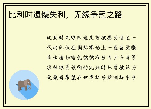 比利时遗憾失利，无缘争冠之路
