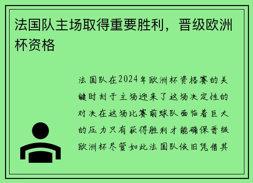 法国队主场取得重要胜利，晋级欧洲杯资格