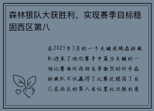 森林狼队大获胜利，实现赛季目标稳固西区第八