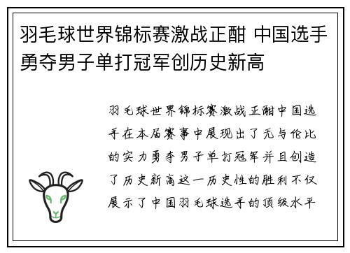 羽毛球世界锦标赛激战正酣 中国选手勇夺男子单打冠军创历史新高
